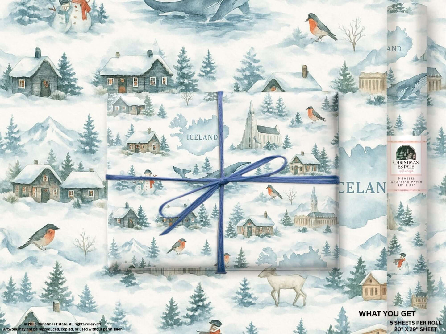 Icelandic watercolor Christmas wrapping paper featuring snowy landscapes and festive scenes.