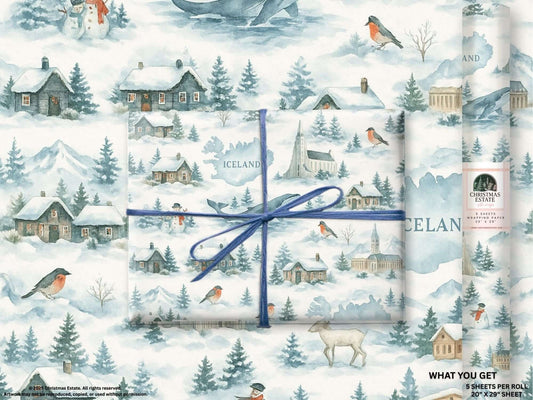 Icelandic watercolor Christmas wrapping paper featuring snowy landscapes and festive scenes.