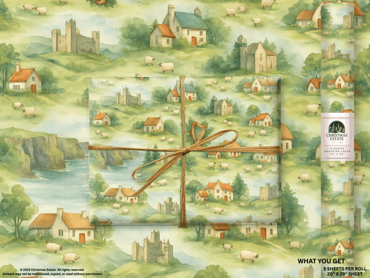 Ireland Wrapping Paper featuring idyllic green hills, cottages, and sheep in a lush pastoral landscape.