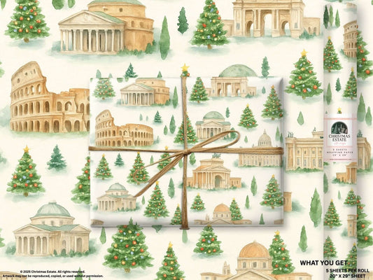 Luxury Christmas wrapping paper featuring watercolor Rome landmarks surrounded by festive trees.