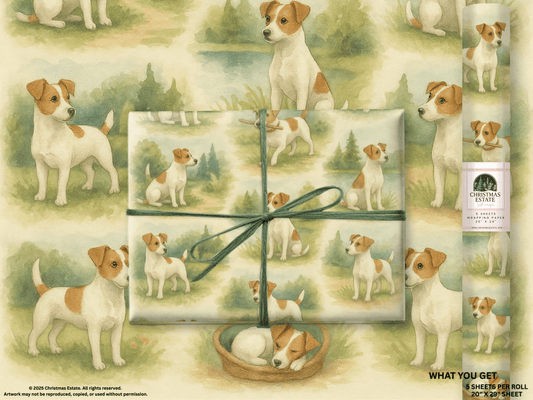 Jack Russells Wrapping Paper featuring playful Jack Russell terriers against watercolor landscapes for festive gifting.