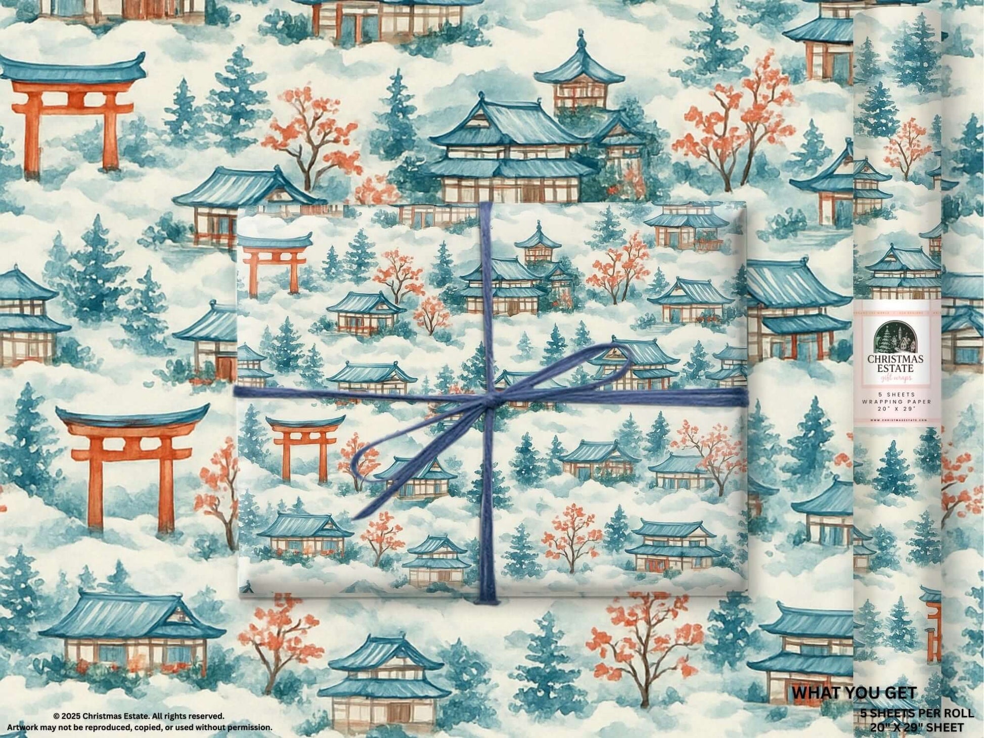 Watercolor Christmas wrapping paper featuring snowy Japanese landscape with temples, Torii gates, and cherry blossoms.