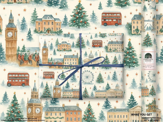 Luxury London Christmas wrapping paper featuring watercolor design of landmarks and festive trees.