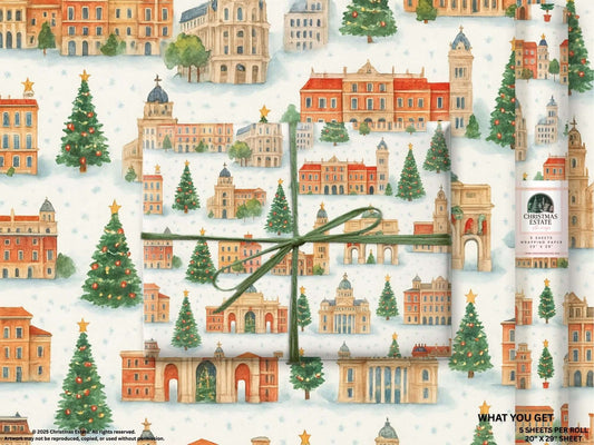 Luxury Christmas wrapping paper featuring watercolor design of Madrid's landmarks, adorned with festive trees and snow.
