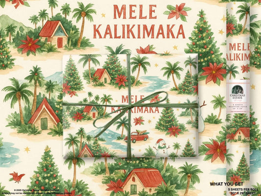 Mele Kalikimaka Christmas wrapping paper featuring tropical palm trees and cheerful poinsettias in a watercolor design.