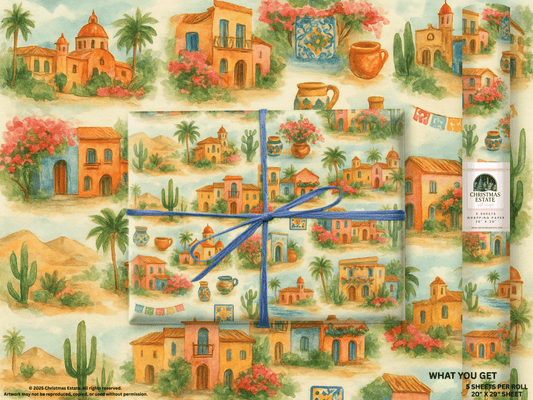 Mexico Wrapping Paper featuring vibrant adobe homes, cacti, and festive details perfect for gift wrapping.