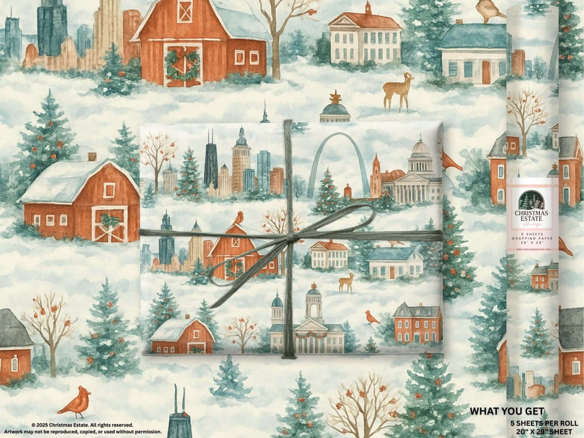 Luxury Christmas wrapping paper featuring Midwest landscapes in watercolor design with rustic barns and Christmas lights.