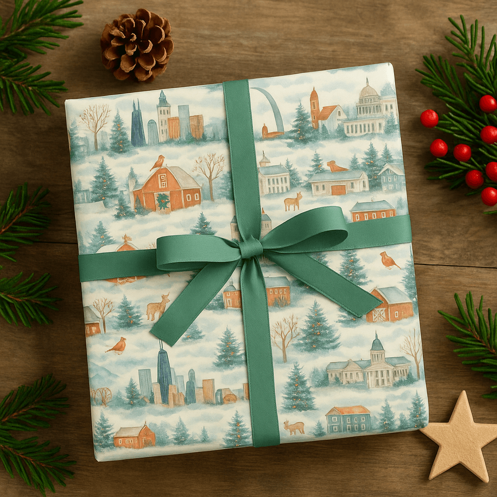 Luxury Christmas wrapping paper with watercolor design featuring Midwest landmarks, festive trees, and charming homes.