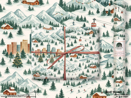 Luxury Christmas wrapping paper featuring hand-painted watercolor mountains, ski chalets, and gondolas in a winter wonderland design.
