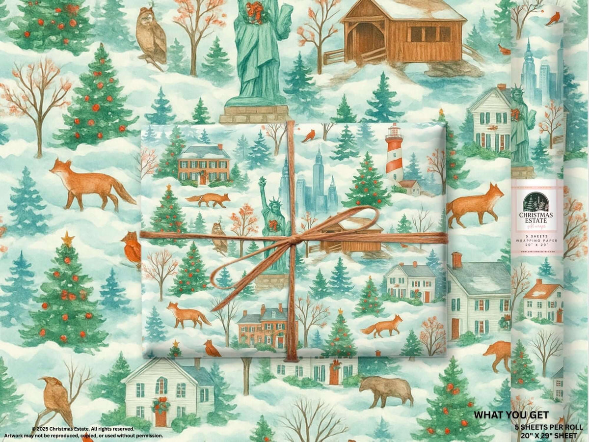 Luxury Christmas wrapping paper in watercolor design showcasing snowy New England landscapes and iconic landmarks.