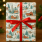 Luxury Christmas wrapping paper featuring watercolor New England holiday scenes with a red bow.