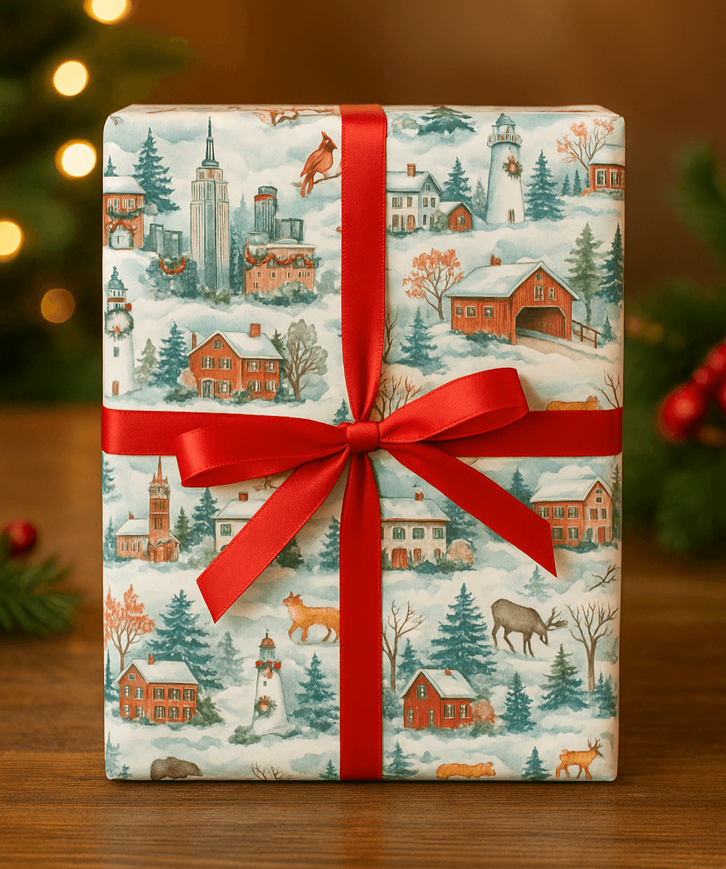 Luxury Christmas wrapping paper featuring watercolor New England holiday scenes with a red bow.