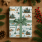 Luxury Christmas wrapping paper featuring watercolor Norwegian village scenes and evergreen details.