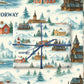 Luxury Norway Christmas wrapping paper featuring watercolor design of snowy villages, fjords, and reindeer, perfect for holiday gift wrap.