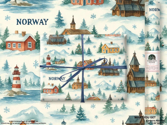 Luxury Norway Christmas wrapping paper featuring watercolor design of snowy villages, fjords, and reindeer, perfect for holiday gift wrap.