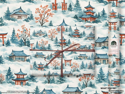 Osaka Japan winter wrapping paper with watercolor design featuring snowy landscapes and traditional architecture.
