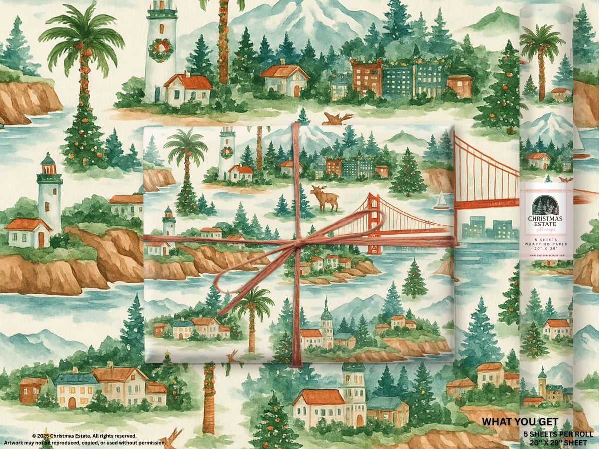 Luxury Christmas wrapping paper featuring watercolor designs of Pacific West Coast landmarks and winter scenery.
