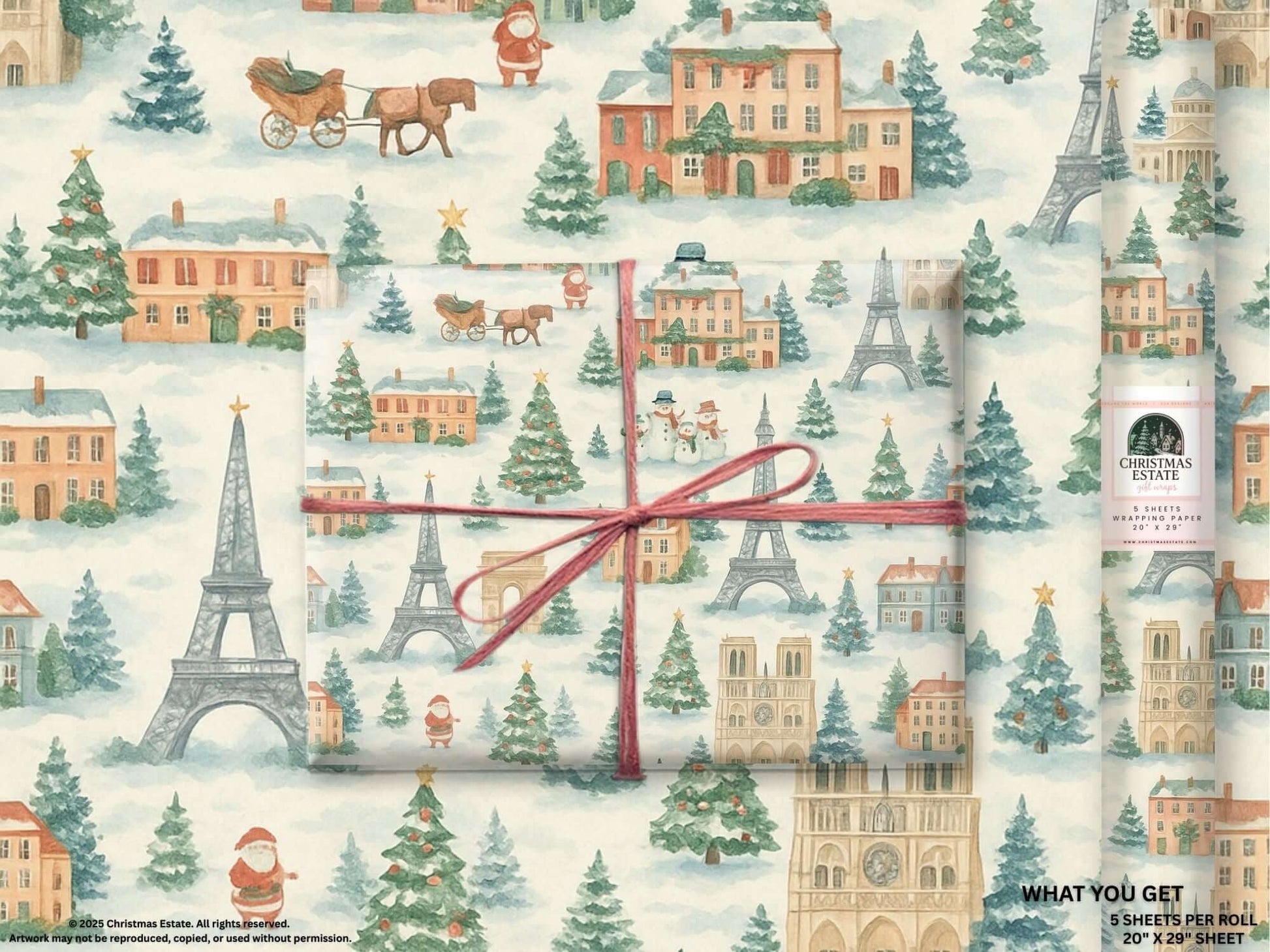 Luxury Christmas wrapping paper features watercolor scenes of Paris landmarks and festive holiday elements.
