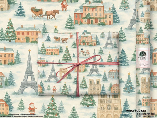 Luxury Christmas wrapping paper features watercolor scenes of Paris landmarks and festive holiday elements.