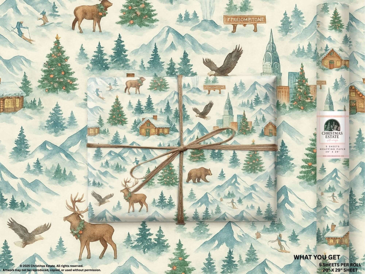 Luxury Christmas wrapping paper showcasing a watercolor design of Rocky Mountains with wildlife, cabins, and festive elements.