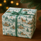 Luxury Christmas wrapping paper featuring festive wildlife and rustic cabins in a watercolor design, perfect for holiday gift wrap.