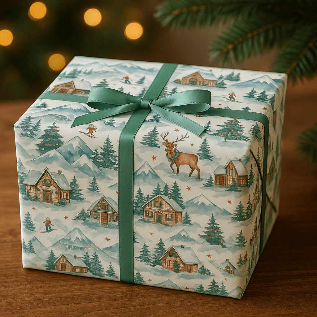 Luxury Christmas wrapping paper featuring festive wildlife and rustic cabins in a watercolor design, perfect for holiday gift wrap.