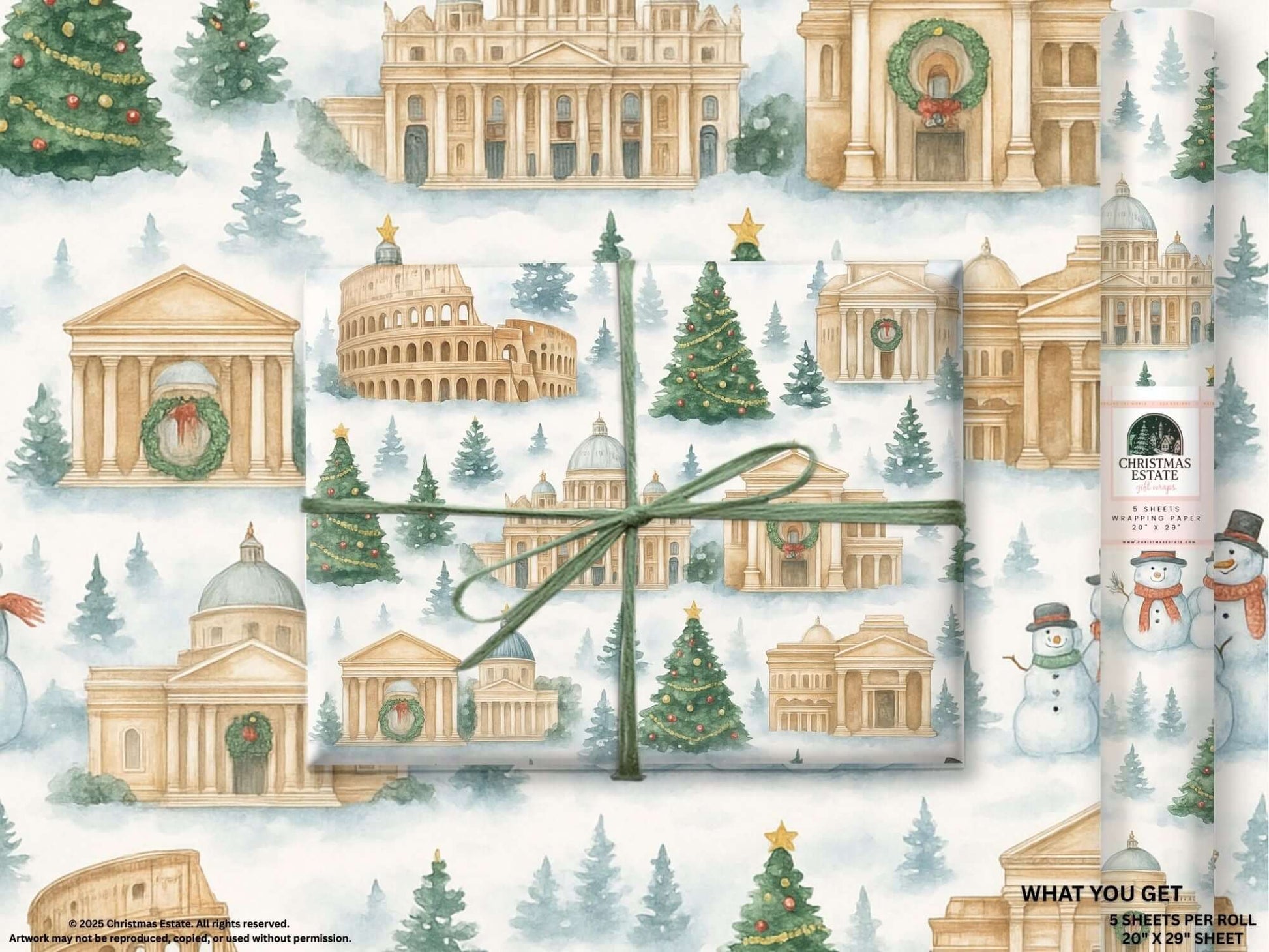 Luxury Christmas wrapping paper featuring watercolor illustrations of Rome's landmarks and festive holiday details.