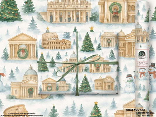 Luxury Christmas wrapping paper featuring watercolor illustrations of Rome's landmarks and festive holiday details.