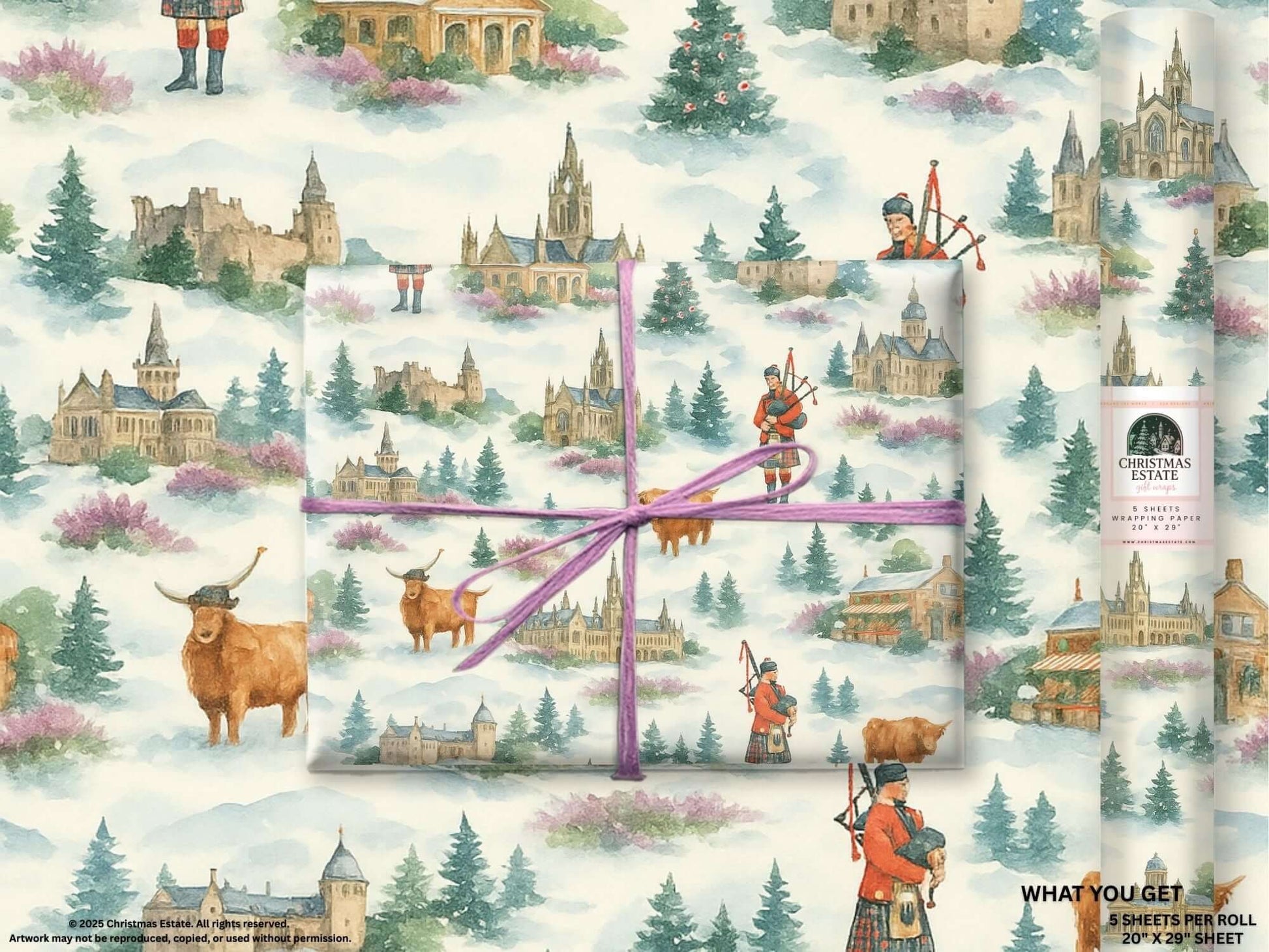 Luxury Christmas wrapping paper showcasing Scottish landscapes in watercolor, featuring cows and historic castles.