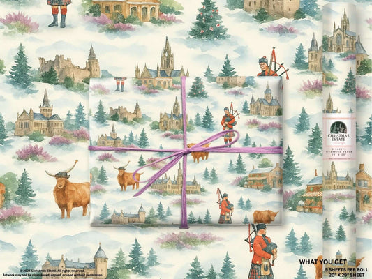 Luxury Christmas wrapping paper showcasing Scottish landscapes in watercolor, featuring cows and historic castles.