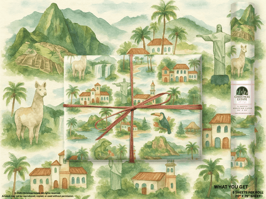 South America Wrapping Paper featuring iconic landmarks, wildlife, and lush landscapes of South America.