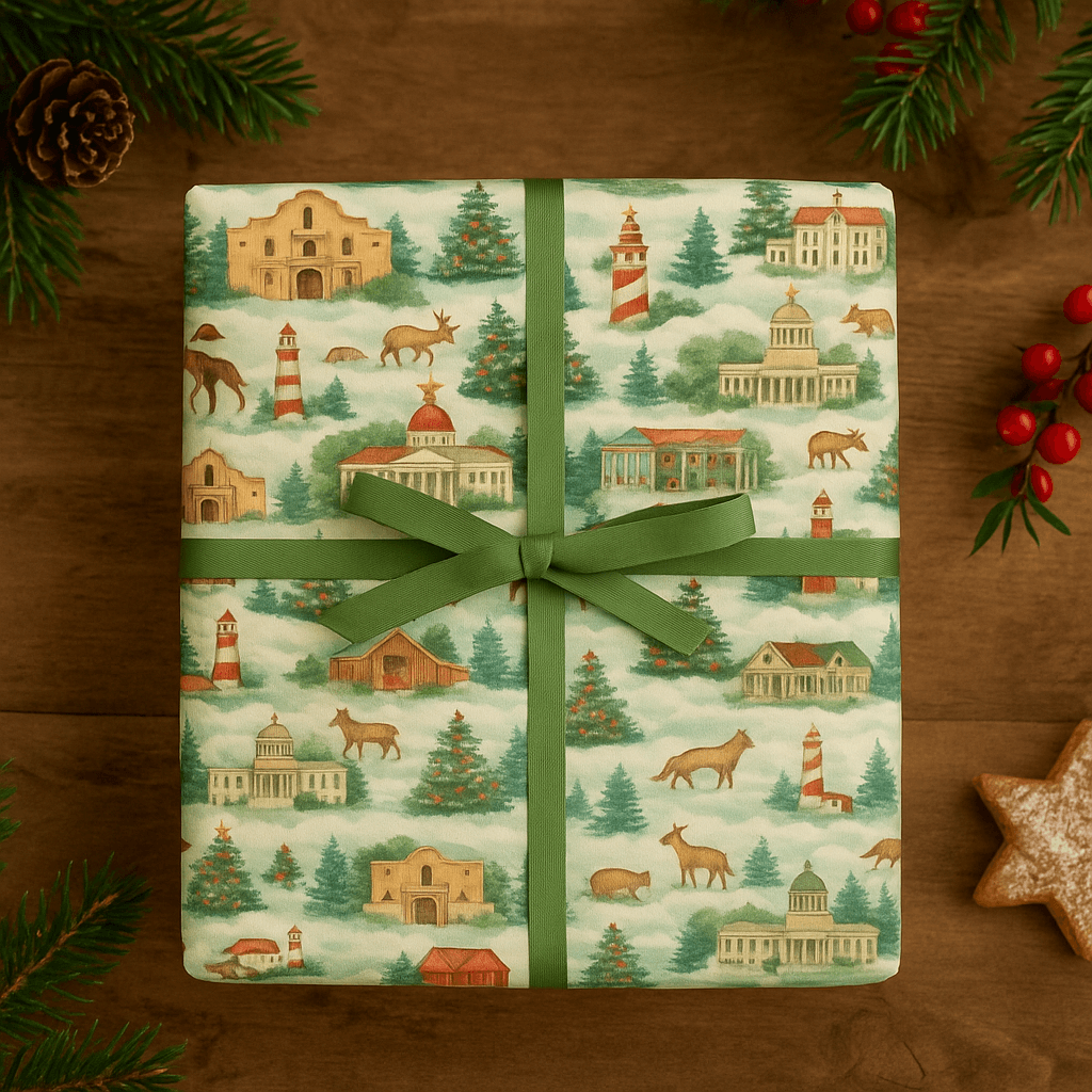 Luxury Christmas wrapping paper with watercolor design featuring South Central USA landmarks, decorated with festive greenery.