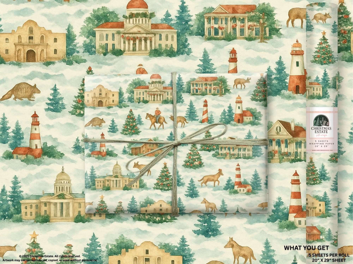 Luxury Christmas wrapping paper featuring watercolor scenes of Southern landmarks, trees, and wildlife in festive colors.