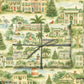 Luxury Christmas wrapping paper featuring watercolor coastal homes, lighthouses, and festive trees in Southern style.