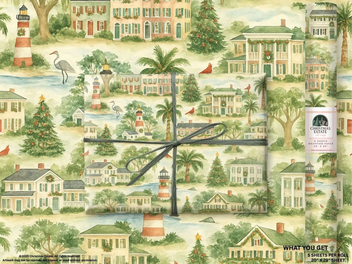 Luxury Christmas wrapping paper featuring watercolor coastal homes, lighthouses, and festive trees in Southern style.