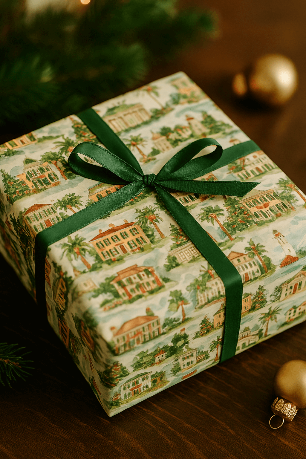 Luxury Christmas wrapping paper featuring Southern plantations in watercolor style, adorned with a green ribbon.