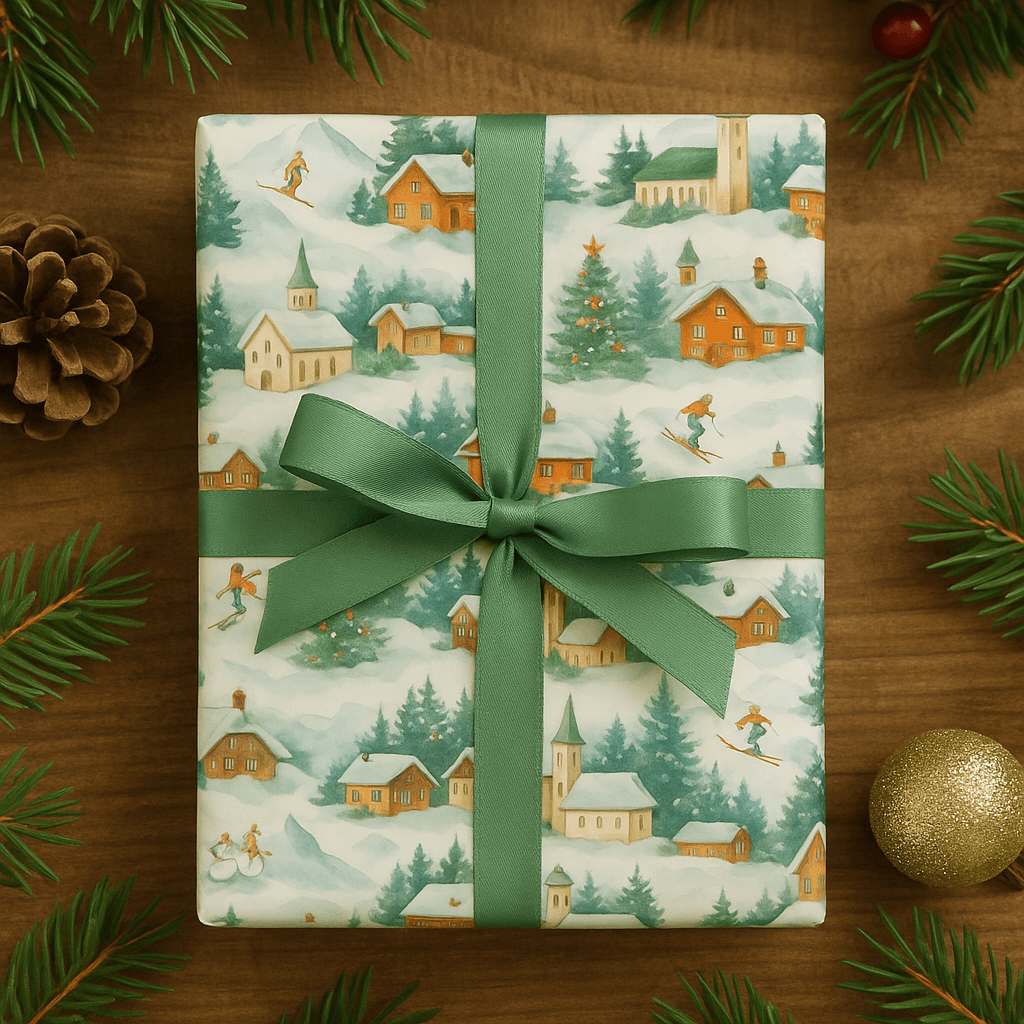 Luxury Christmas wrapping paper featuring Swiss alpine scenes in watercolor design, adorned with festive details.