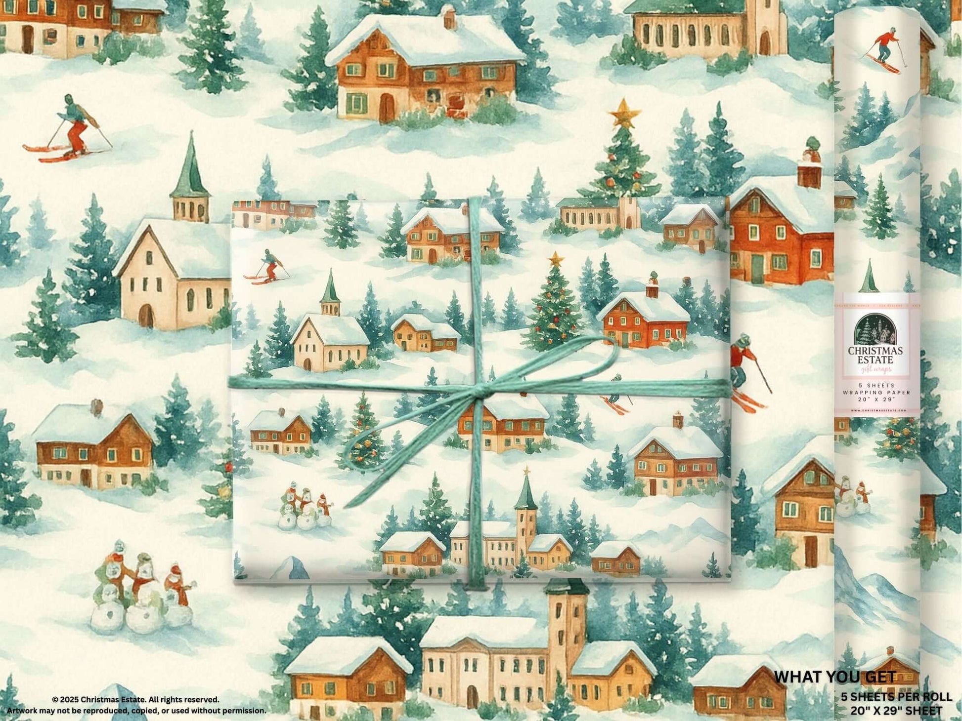 Luxury Christmas wrapping paper featuring watercolor Swiss Alps with chalets, skiers, and festive details.