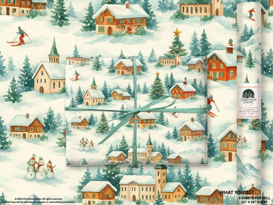Luxury Christmas wrapping paper featuring watercolor Swiss Alps with chalets, skiers, and festive details.