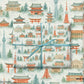 Watercolor Tokyo Christmas wrapping paper featuring iconic landmarks and snowy trees, ideal luxury holiday gift wrap.
