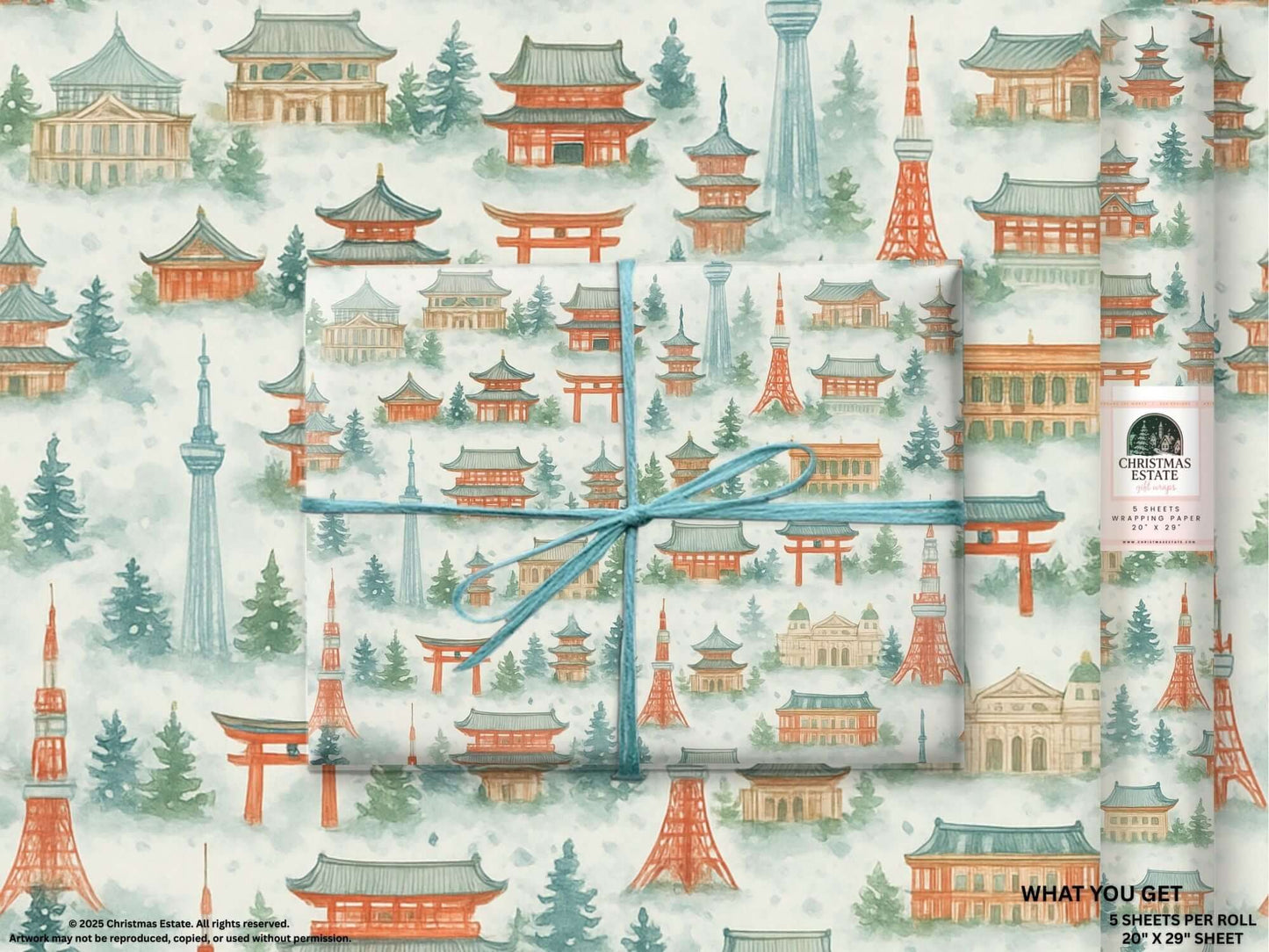 Watercolor Tokyo Christmas wrapping paper featuring iconic landmarks and snowy trees, ideal luxury holiday gift wrap.