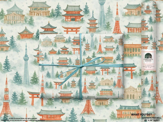Watercolor Tokyo Christmas wrapping paper featuring iconic landmarks and snowy trees, ideal luxury holiday gift wrap.