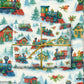 Vibrant watercolor Christmas wrapping paper with nostalgic trains, snowy scenes, and festive depots.