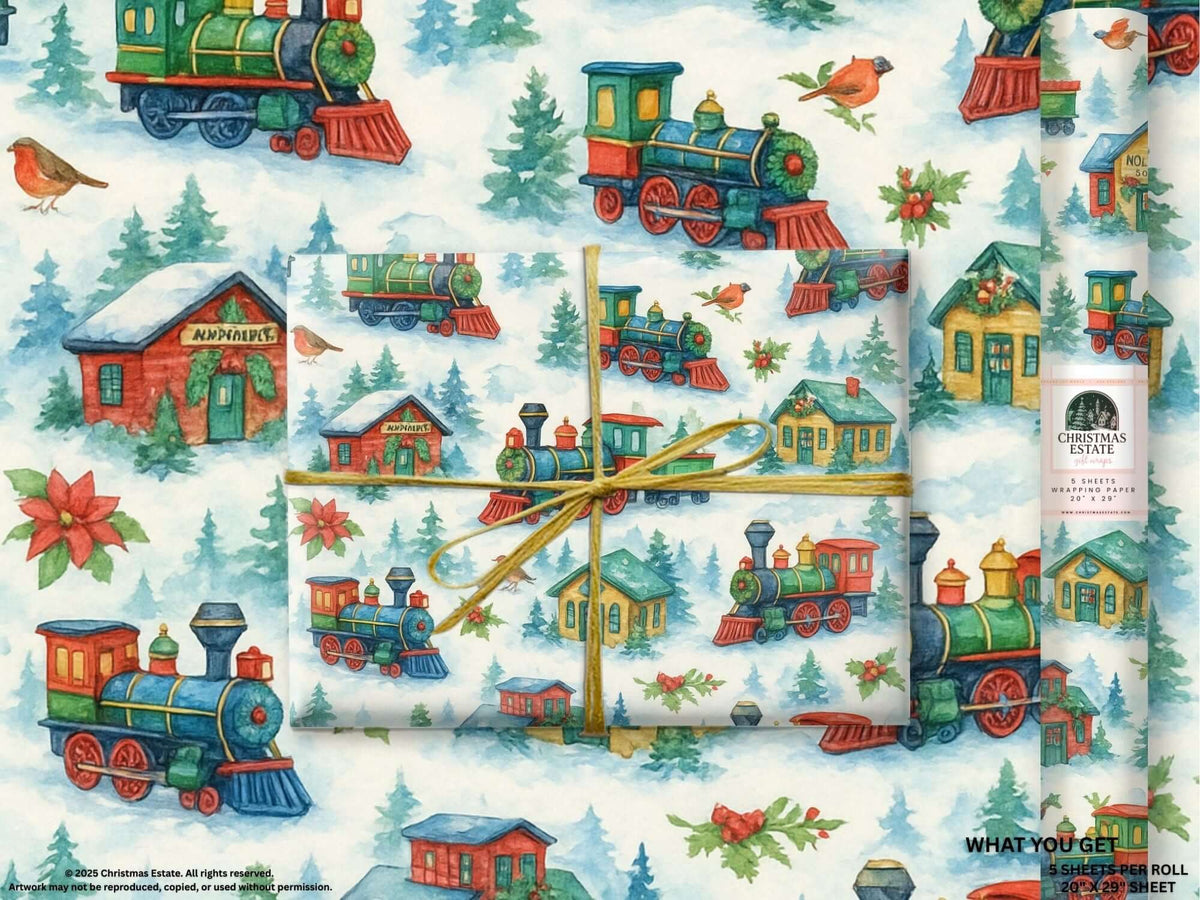 Vibrant watercolor Christmas wrapping paper with nostalgic trains, snowy scenes, and festive depots.