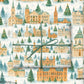 Luxury Christmas wrapping paper featuring a watercolor design of festive winter scenes with snow-dusted buildings and trees.