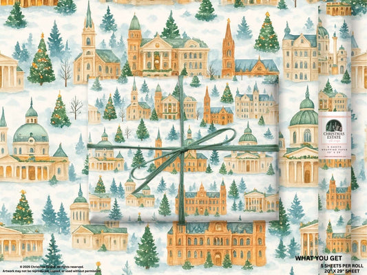 Luxury Christmas wrapping paper featuring a watercolor design of festive winter scenes with snow-dusted buildings and trees.