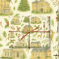 Luxury Victorian Christmas wrapping paper featuring watercolor townhouses, holly, and festive deer.