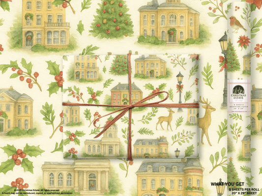 Luxury Victorian Christmas wrapping paper featuring watercolor townhouses, holly, and festive deer.
