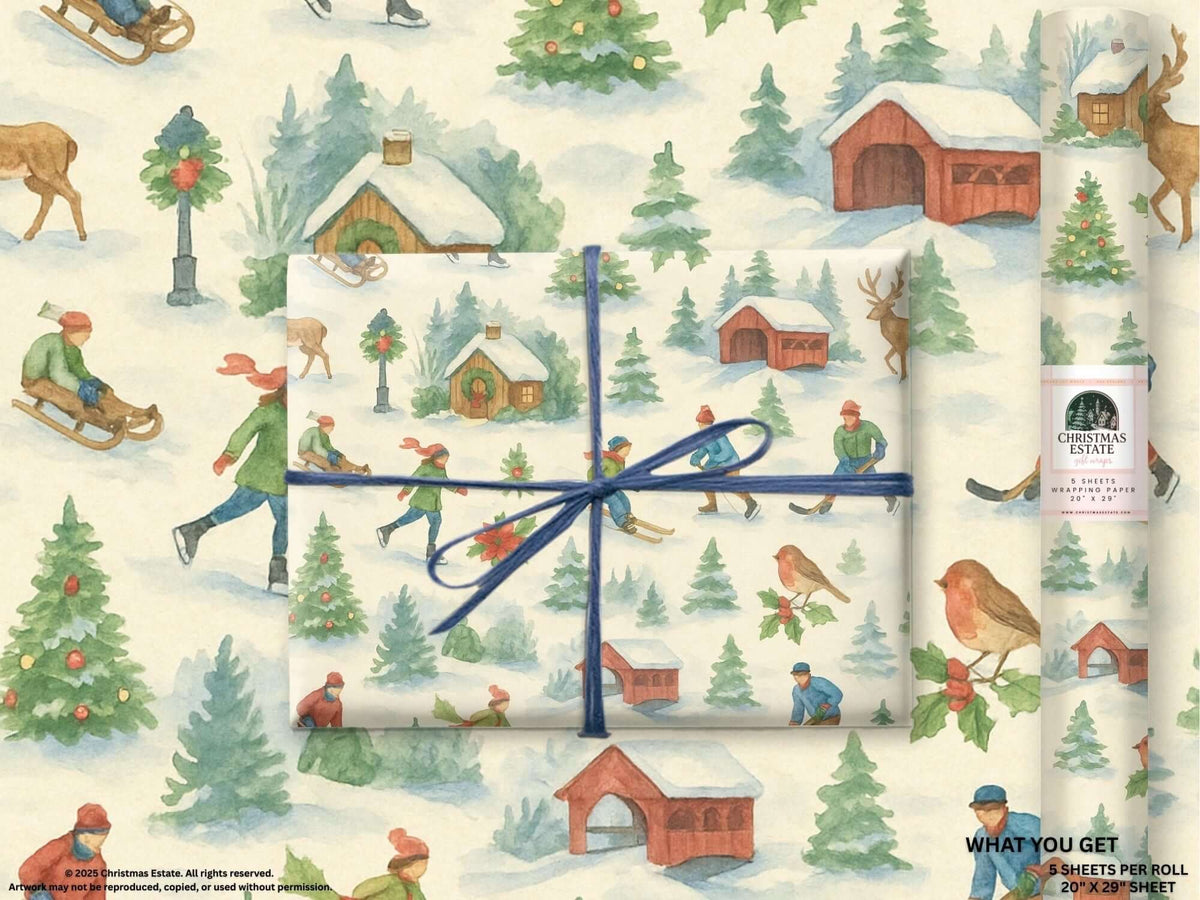 Luxury Christmas wrapping paper in watercolor design, featuring festive winter sports scenes and holiday motifs.