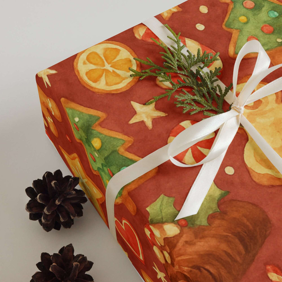 Delightful Baking Christmas Wrapping Paper featuring festive gingerbread cookies, Christmas trees, and holiday treats.